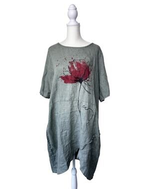 NEW COLLECTION 100% Linen Short Sleeve Dress Green Small/Medium